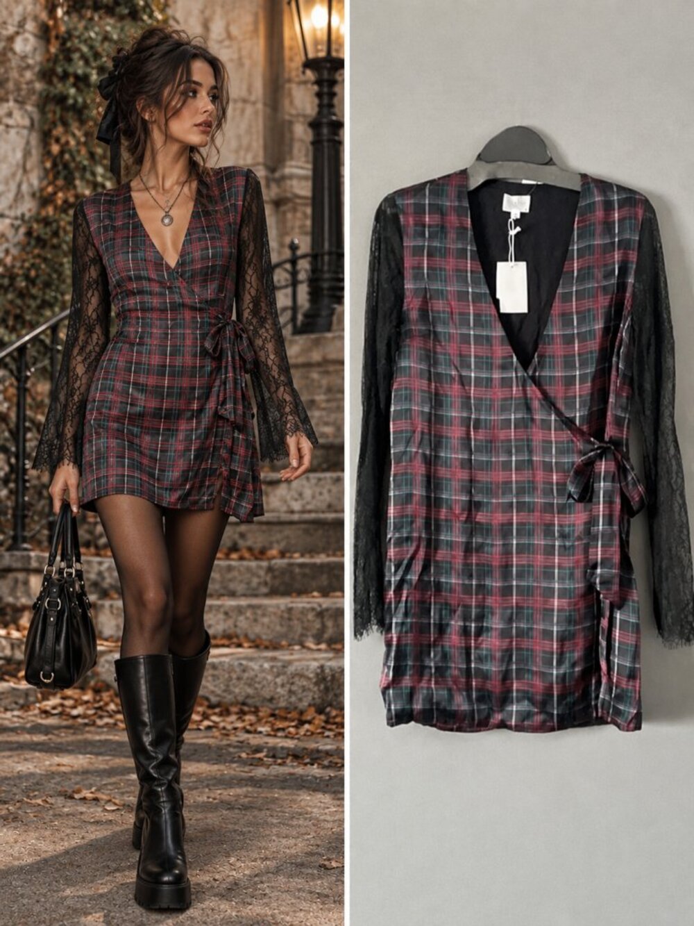 Cami NYC Black Burgundy Plaid Silk Wrap Dress Sheer Lace Sleeves Grunge Goth S